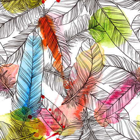 Seamless pattern with hand drawn feathers with watercolor splattersのイラスト素材