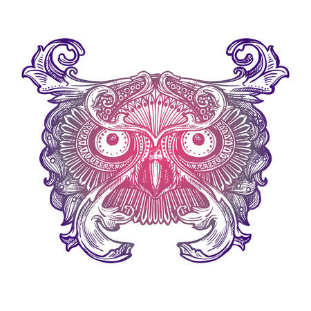 Ornamental Lilac Tattoo Owl Head. Highly Detailed Abstract Hand Drawn Styleのイラスト素材