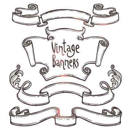 hand drawn vintage ribbon banners set on whiteのイラスト素材