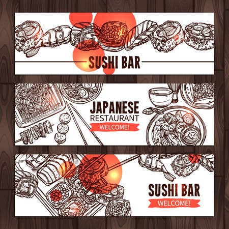 Sushi and Japanese food design horizontal banners.のイラスト素材