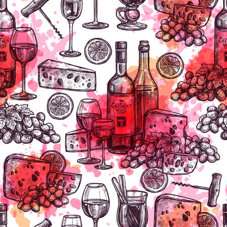 Hand Drawn Seamless Wine Pattern With Cheese, Wineglasses, Wine Bottles And Watercolor Textureのイラスト素材