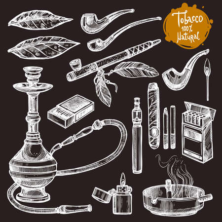 Tobacco And Smoking Sketch Set. Hand Drawn Cigarettes, Cigars, Hookah, Matches, Tobacco Leaves, Ceremonial Pipe, Lighter, Ashtray, Vintage Tobacco Pipes On The Chalkboardのイラスト素材
