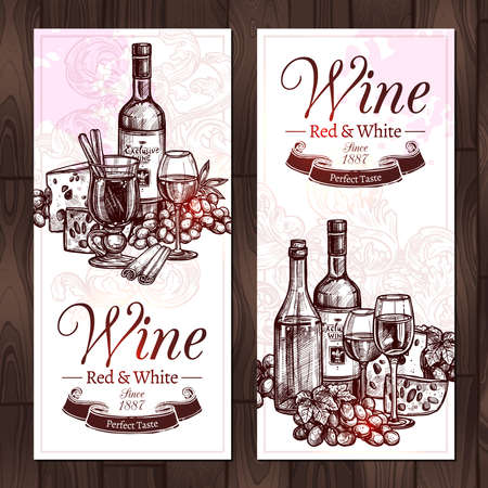 Red And White Wine Sketch Set. Design Of Vertical Banners With Wine, Bottles, Wineglasses, Cheese And Grapes In Hand Drawn Styleのイラスト素材
