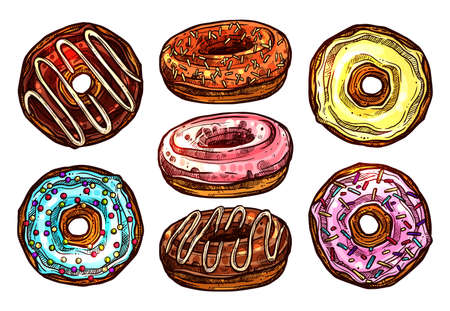 Bright And Colorful Set Of Donuts In Sketch Style. Collection Of Hand Drawn Dessertのイラスト素材