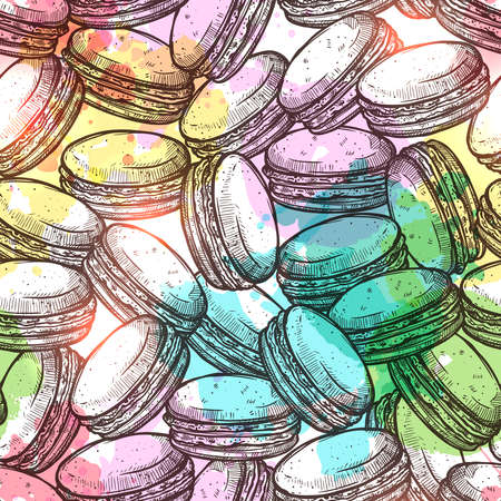 Macaroons Sketch Colorful Seamless Pattern With Watercolor Effectのイラスト素材