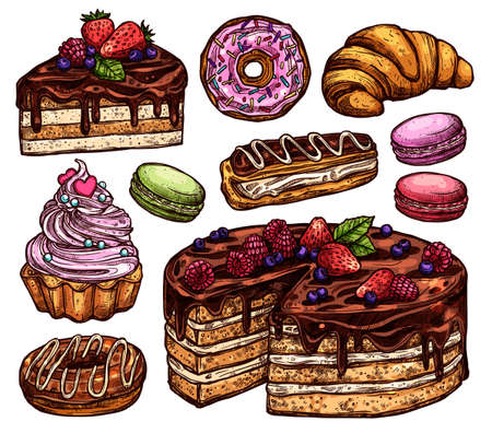 Sketch Collection Of Bakery Products, Dessert And Sweets. Hand Drawn Colorful Set With Cake, Macaroons, Croissant, Donuts And Waffleのイラスト素材