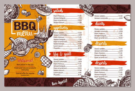 Barbecue Restaurant Menu. Template Design Of Bbq Brochure In Sketch Styleのイラスト素材