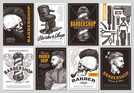 Hand drawn vector barber shop banners with sketch engraving illustration. Monochrome templates set of poster design for hair salonのイラスト素材