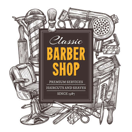 Hand drawn vector barber shop background with sketch engraving illustration. Monochrome templates design for hair salonのイラスト素材