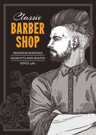 Hand drawn vector barber shop poster with portrait of young fashionable man. Barbershop design with sketch engraving illustration and typographyのイラスト素材