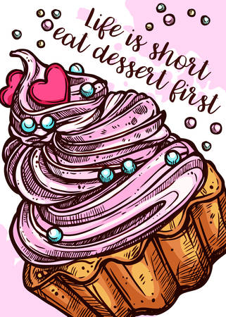 Vector hand drawn design poster with cupcake. Homemade bakery and desserts colorful sketch card with typographicのイラスト素材