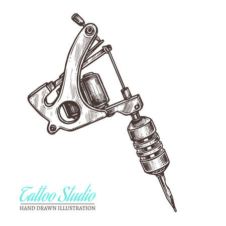 Vector hand drawn sketch illustration of tattoo machine for salon and studioのイラスト素材