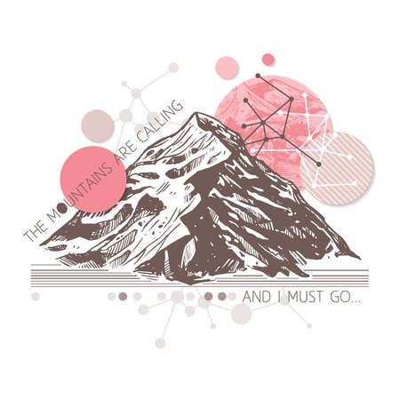 Retro surrealistic trendy illustration about adventure and explorering. Engraving sketch of mountains with geometric abstract background with typographyのイラスト素材