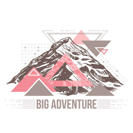 Surreal retro illustration about adventure and explorering. Trendy color geometric abstract pattern with sketch mountainsのイラスト素材