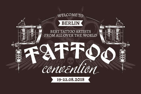 Vintage tattoo convention with two tattoo machines. Vector poster in hand drawn sketch styleのイラスト素材