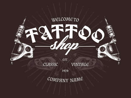 Vintage tattoo shop logo with two tattoo machines. Vector poster in hand drawn sketch styleのイラスト素材