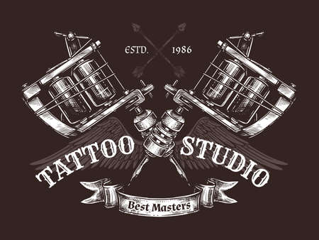 Vintage tattoo studio poster with two crossed tattoo machines. Vector poster in hand drawn sketch styleのイラスト素材