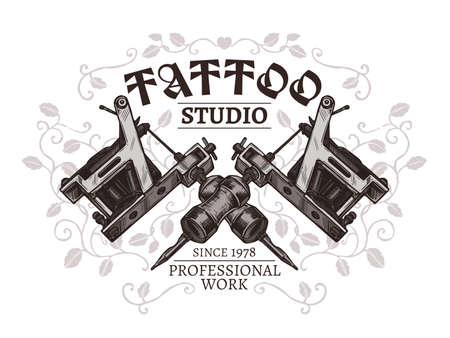 Design of poster for tattoo studio with two crossed tattoo machines in hand drawn engraving styleのイラスト素材