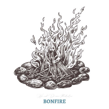 Hand drawn camping bonfire. Isolated vector illustration of fire in sketch engraving styleのイラスト素材
