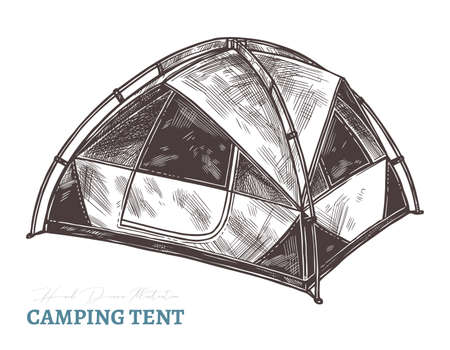 Hand drawn camping tent. Isolated vector illustration in sketch engraving style. Touristic accessories and equipmentのイラスト素材