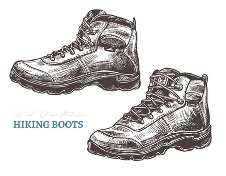 Hand drawn hiking boots. Isolated vector illustration in sketch engraving styleのイラスト素材