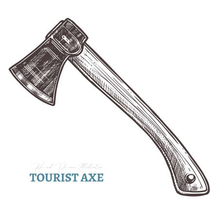 Hand drawn tourist axe. Isolated vector illustration in sketch engraving styleのイラスト素材