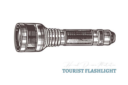 Hand drawn tourist flashlight. Isolated vector illustration in sketch engraving styleのイラスト素材