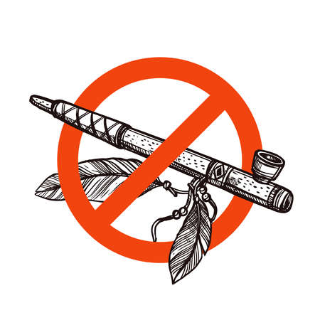 Stop smoking vector sign with sketch hand drawn indian peace pipeのイラスト素材