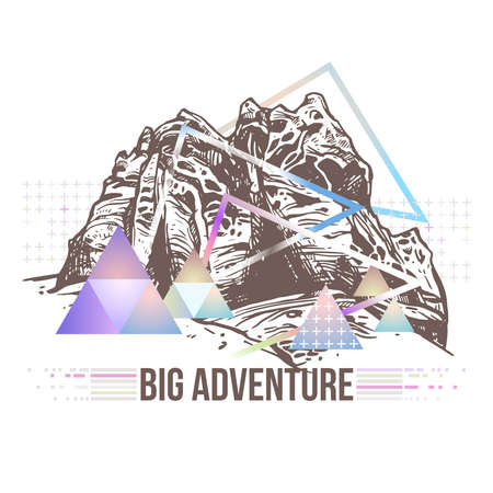 Trendy futuristic color geometric abstract illustration with sketch mountains, planet, galaxy and triangles. Surreal retro art about adventure and exploreringのイラスト素材