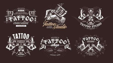 Tattoo emblems, badges and labels collection. Set of tattoo shops and salon  and sign. Vector hand drawn engraving styleのイラスト素材