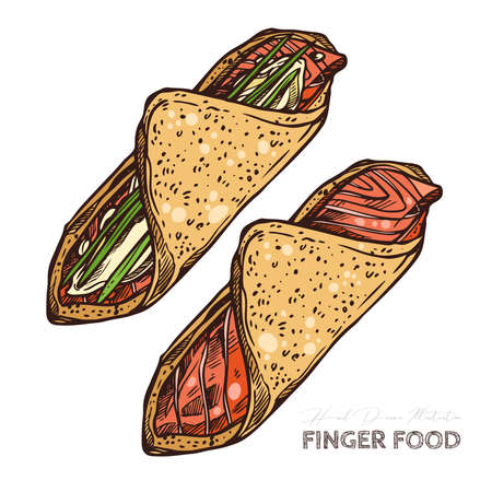 Finger food, rolls with salmon and tortilla, wheat cake, pita. Restaurant, cafe snack, appetizer. Vector illustration in flat style, colorful hand drawn sketchのイラスト素材