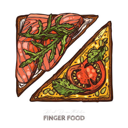 Finger food, triangular sandwiches with salmon, tomato. Sandwiches with spicy butter, cheese, arugula. Restaurant, cafe snack, appetizer. Vector illustration in flat style, hand drawn sketchのイラスト素材