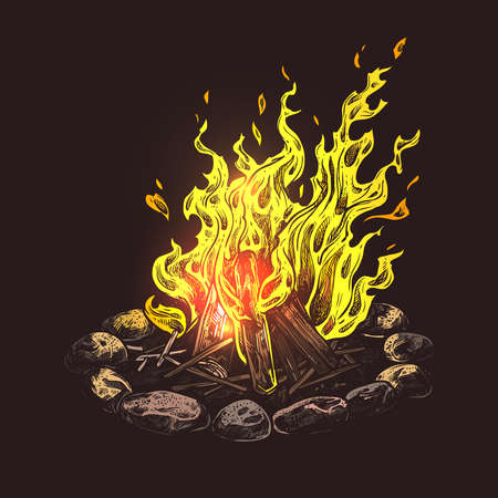 Hand drawn camping bonfire. Isolated colorful vector illustration of fire in sketch engraving styleのイラスト素材