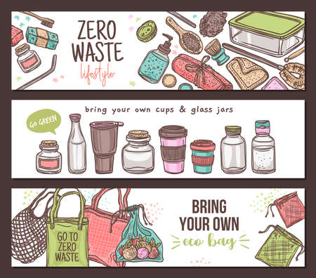 Zero waste lifestyle background, set of horizontal banners. Ecological, recycle and reused concept with eco cloth mesh bags, glass jars, bottle, container for grocery and products. Linear drawingのイラスト素材