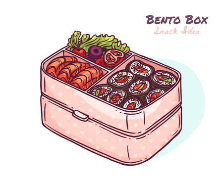 Bento box with takeaway ready food, japanese lunchbox and foodstyling with sushi, fish salmon and vegetables. Vector cute kawaii hand drawn illustration. Zero waste to go food in containerのイラスト素材