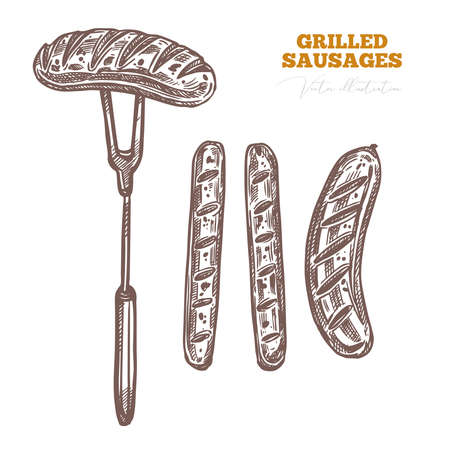 Grilled barbecue german sausages, fried frankfurters and meat pork product for BBQ. Roasted bratwurst on fork. Food sketch vector drawing illustartionのイラスト素材