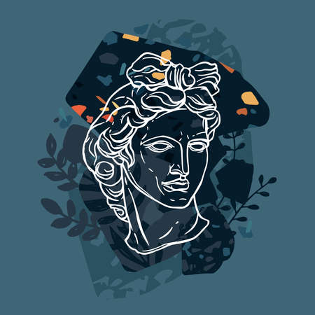 Trendy vector print with Apollo head statue. Line sketch drawing with abstract background, terrazzo and floral elements. Ancient classical greece sculpture of god. Modern linear artのイラスト素材