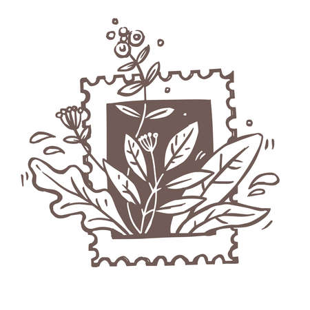 Vintage postage mark for love letter with  flowers, plants, foliage and leaves. Creative  concept for fashion brand or shop. Idea for label or sign. Sketch doodle drawn illustrationのイラスト素材