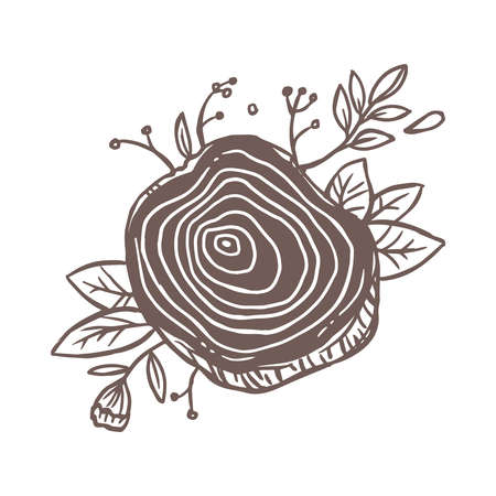 Vector tree slice with  flowers, plants, foliage and leaves, wood texture with rings.   emblem, label creative concept of handcraft or carpentry workshop. Sketch doodle drawn illustrationのイラスト素材
