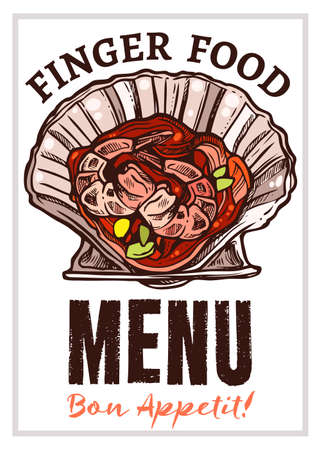 Finger food poster, seafood, snack in shell. Raw shellfish, appetizer with shrimp, mollusk. Vector illustration in sketch style, colorful hand drawnのイラスト素材