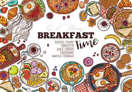 Breakfast menu vector hand drawn template. Restaurant dishes and drinks offer. Fresh fruits and baked cookies doodles. Coffee, toast, omelette and waffles morning meals illustrationのイラスト素材