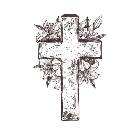 Christ stone crosse with wreath of white flowers lily. Vector hand drawn illustration. Symbol of christianity, church, Jesus, religion, catholicism. Isolated drawing sketch of sign of resurrectionのイラスト素材
