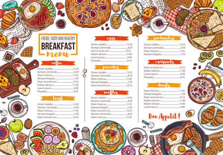 Cafe breakfast menu vector hand drawn template. Restaurant food and drinks offer, price list layout. Fresh fruits and baked cookies doodles. Sandwiches and porridge morning dishes illustrationのイラスト素材