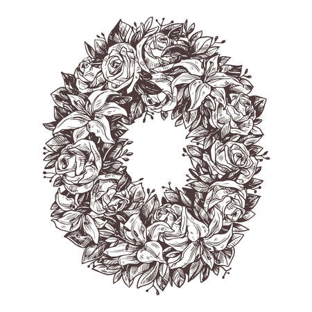 Funeral mortuary mourning flower wreath with white lily flowers and roses. Hand drawn vector isolated symbol of cemetery and burial place. Sketch illustration for design of funeral service or condolenのイラスト素材