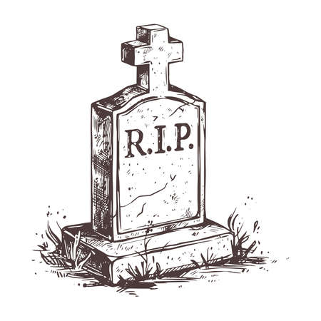 Old murble stone sad angel kneeling near the cross hugging it. Vector drawing isolated illustration for funeral business. Sketch christian symbol of death, cemetery, sorrow, burial, resurrection and aのイラスト素材