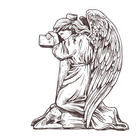 Old murble stone sad angel kneeling near the cross hugging it. Vector drawing isolated illustration for funeral business. Sketch christian symbol of death, cemetery, sorrow, burial, resurrection and aのイラスト素材