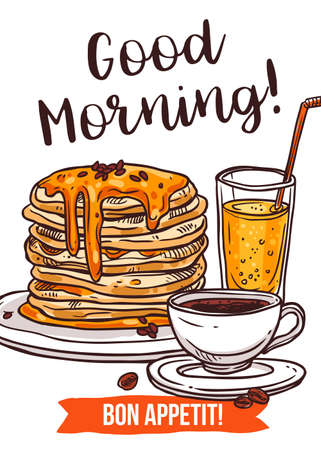 Traditional breakfast vector hand drawn poster template. Good morning and bon appetit lettering. Pancakes, coffee and orange fresh juice sketch. American morning meal web banner layoutのイラスト素材