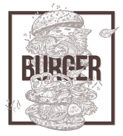 monochrome poster with flying burger.  vector illustration with ingredients and components for hamburger. Fast food design trendy concept with frameのイラスト素材