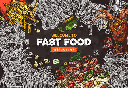 Sketch vector fast food colorful detailed illustration on chalkboard. Colorful background with hand drawn hamburger, pop corn, sandwich, cola, french fries, italian pizzaのイラスト素材