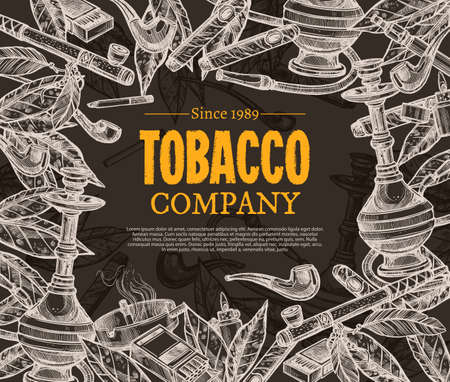 Vector hand drawn posters with tobacco and smoking collection on chalkboard. Sketch background with cigarettes, cigars, hookah, tobacco leaves, pipesのイラスト素材
